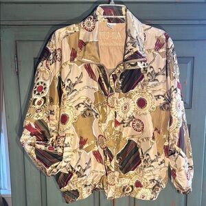 FU DA International Silk Cream and Brown Floral Bomber Jacket Abstract Print